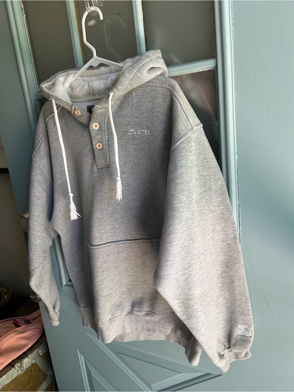 Vintage Y2K 90s Starter Hoodie Pullover Sweatshirt 1/4 Button Light Grey Men’s M - Picture 2 of 11